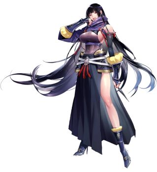 1girl bare_legs bare_shoulders black_hair breasts covered_navel curvy earrings full_body hachiya_yukimura highleg highleg_leotard holding holding_kunai holding_weapon hoop_earrings jewelry kunai kwata_kuwa large_breasts leotard lilith-soft long_hair looking_at_viewer multicolored_leotard non-web_source parted_lips purple_leotard red_eyes revealing_clothes scarf shiny_skin smile standing taimanin_(series) taimanin_rpgx taimanin_suit thong_leotard transparent_background two-tone_leotard very_long_hair weapon wide_hips