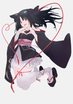 a_(c3einycggcevevf) absurdres black_hair black_kimono hair_ribbon high_heel_sandals high_heels highres japanese_clothes kimono kimono_skirt long_hair machine-doll_wa_kizutsukanai obi platform_clogs platform_sandals red_eyes ribbon sandals sash short_kimono short_yukata thighhighs white_thighhighs yaya_(machine-doll) yukata