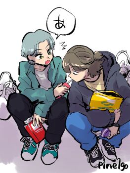 Rule 34 | !?, 2boys, brown hair, chips (food), denim, drink, drinking, eating, food, green eyes, green hair, hair between eyes, half updo, hibiki kaito, holding, holding food, jacket, jeans, kazuma (precure), kimi to idol precure, long hair between eyes, long sleeves, mature male, multiple boys, open clothes, open jacket, open mouth, pants, parted bangs, pineapple 1-gou, potato chips, precure, profile, sharing, shirt, shoes, short hair, sideways, sitting, sneakers, twitter username