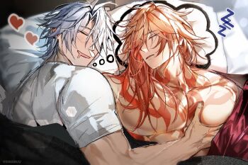 Rule 34 | 2boys, blonde hair, blush, broad shoulders, chest tattoo, collarbone, commentary, drooling, gradient hair, hand on another's chest, heart, honkai: star rail, honkai (series), long hair, lying, male focus, multicolored hair, multiple boys, muscular, muscular male, mydei (honkai: star rail), nose bubble, on back, on side, parted hair, pectorals, phainon (honkai: star rail), pillow, red hair, red tattoo, sheimuu, shirt, short hair, short sleeves, smile, symbol-only commentary, tattoo, under covers, upper body, white hair, white shirt, yaoi, zzz