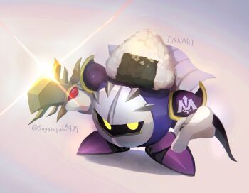 commentary_request food full_body galaxia_(sword) highres holding holding_sword holding_weapon kirby_(series) mask meta_knight nintendo no_humans onigiri purple_shoes shoes solo standing suyasuyabi sword twitter_username weapon yellow_eyes