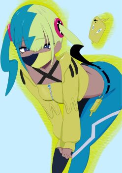 1girl aqua_hair ass bandeau bent_over black_mask blonde_hair blue_eyes breasts canari_(pokemon) center-flap_bangs criss-cross_straps dark-skinned_female dark_skin gen_4_pokemon hands_on_own_knees highres jacket mask medium_breasts mouth_mask multicolored_hair nintendo pants pokemon pokemon_legends:_z-a rotom rotom_phone s0dvuyvh8w34855 short_twintails split-color_hair twintails two-tone_mask two-tone_pants yellow_bandeau yellow_jacket yellow_mask