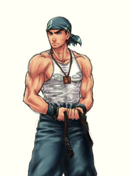 Rule 34 | 1boy, alternate costume, bandana, belt, brown eyes, capcom, cowboy shot, f-15jrs, frown, jewelry, male focus, muscular, necklace, ryu (street fighter), simple background, solo, street fighter, street fighter iv (series), tank top, textless version, thick eyebrows, white background, wristband