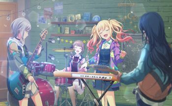 4girls :d ^_^ bass_guitar black_choker black_hair black_sweater blonde_hair blurry bokeh brown_hair choker closed_eyes closed_mouth collared_shirt collared_sweater colorful_palette crescent depth_of_field drum drum_set game_cg gradient_hair green_eyes grey_hair highres hinomori_shiho hoshino_ichika_(project_sekai) instrument jacket keyboard_(instrument) leo/need_(project_sekai) light_particles mochizuki_honami multicolored_hair multiple_girls official_alternate_costume official_art open_clothes open_jacket open_mouth pink_hair pink_jacket plant pleated_skirt potted_plant profile project_sekai purple_jacket resonate_with_you_(project_sekai) shirt side_ponytail sidelocks skirt smile star_(symbol) string_of_light_bulbs sweater tenma_saki third-party_source twintails u_u watering_can white_shirt white_skirt