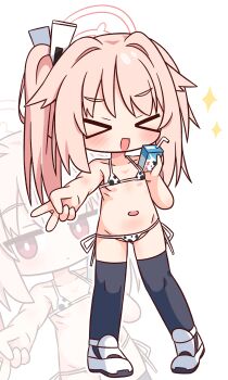 >_< 1girl :d absurdres animal_print bare_arms bare_shoulders bendy_straw bikini black_thighhighs blue_archive blush chibi closed_eyes closed_mouth collarbone cow_print drink_carton drinking_straw facing_viewer groin hair_intakes halo hana_kazari highres holding long_hair micro_bikini milk_carton multiple_views natsu_(blue_archive) navel open_mouth outstretched_arm pink_hair print_bikini red_eyes shoes side_ponytail simple_background smile sparkle swimsuit thighhighs v white_background white_shoes xd zoom_layer