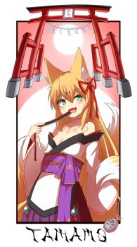 bottle hand_fan highres kitsune kyuubi mon-musu_quest! mon-musu_quest:_paradox multiple_tails purple_ribbon ribbon sake_bottle sent99 sun tail tamamo_(mon-musu_quest!) tongue torii