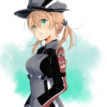 Rule 34 | 10s, 1girl, blonde hair, female focus, green eyes, hat, hiki-wota, kantai collection, long hair, peaked cap, prinz eugen (kancolle), smile, solo, twintails, uniform