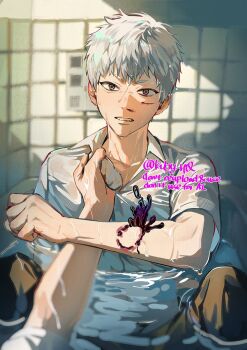 2boys bite_mark bite_mark_on_arm black_pants blood blood_on_face body_horror closed_mouth clothed_bath collar_tug collared_shirt highres hikaru_ga_shinda_natsu in_bathtub indou_hikaru knees_up kuby_hq looking_at_viewer male_focus multiple_boys nosebleed out_of_frame pants red_pupils shirt short_eyebrows short_hair sunlight teeth tsujinaka_yoshiki wet wet_clothes wet_shirt white_hair white_shirt