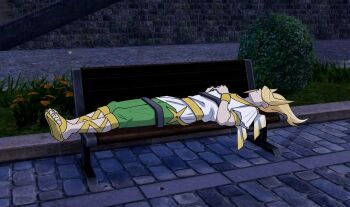 1boy belt bench blonde_hair bush commentary english_commentary full_body game_screenshot_background green_pants hair_over_one_eye hands_on_own_stomach hostile_architecture lying male_focus night nintendo on_back outdoors pants pokemon pokemon_legends:_arceus pokemon_legends:_z-a rhymewithray sandals screenshot_background shirt sleeping solo toes volo_(pokemon) white_shirt yellow_belt