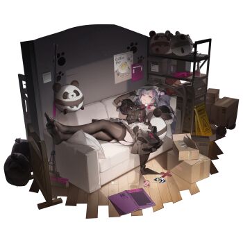 1girl artist_request black_dress black_thighhighs blue_eyes book book_on_head box broom card cardboard_box caution_tape couch crossed_legs dress faux_figurine game_cg girls&#039;_frontline girls&#039;_frontline_neural_cloud grey_hair heterochromia highres kuro_(darknet_limited_edition)_(neural_cloud) kuro_(neural_cloud) light_switch looking_at_viewer lying mdr_(girls&#039;_frontline) object_on_head official_art on_back on_couch pillow red_eyes solo thighhighs third-party_source transparent_background trash_bag uno_(game)