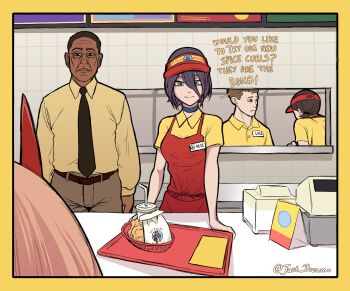 Rule 34 | 2boys, 3girls, apron, better call saul, black hair, breaking bad, chainsaw man, chicken (food), choker, closed mouth, collared shirt, commentary, crossover, dark-skinned male, dark skin, east-west crossover, employee uniform, english commentary, english text, fast food, fast food uniform, food, glasses, green eyes, gustavo fring, hair between eyes, highres, horns, just dreamo, long sleeves, looking at viewer, los pollos hermanos, lyle (better call saul), multiple boys, multiple girls, name tag, necktie, power (chainsaw man), pun, red apron, red horns, reze (chainsaw man), shirt, smile, yellow shirt