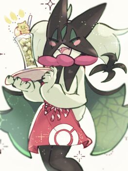 1other :d animal_hands apron black_fur blush_stickers body_fur cape closed_eyes drink fangs furry green_fur green_hair highres holding holding_tray looking_at_viewer mask meowscarada nintendo open_mouth other_focus pawpads pokemon pokemon_(creature) pokemon_cafe_remix red_apron short_hair short_tail simple_background smile solo sstoh standing tail tray two-tone_fur upper_body waist_apron white_background
