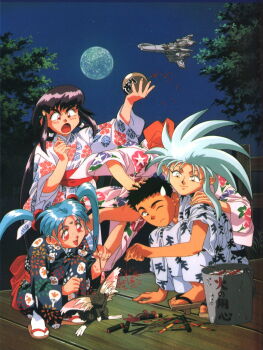 1990s_(style) 1boy 3girls aerial_fireworks black_hair blue_hair bomb cabbit explosive facial_mark fireworks floral_print forehead_mark freckles highres japanese_clothes kimono long_sleeves masaki_aeka_jurai masaki_sasami_jurai masaki_tenchi moon morning_glory_print multiple_girls pink_eyes purple_hair red_eyes retro_artstyle ryou-ouki ryouko_(tenchi_muyou!) spacecraft spiked_hair sweatdrop tenchi_muyou! twintails yellow_eyes