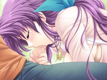 1boy 1girl ahoge aoi_sakura_(tsuma_shibori) breasts closed_eyes dress fellatio from_side game_cg hair_ribbon jewelry kuroda_akimi large_breasts long_hair looking_at_viewer necklace non-web_source official_art oral purple_hair ribbon saliva tsuma_shibori tsumamigui_(series)