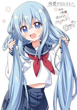 1girl :d blue_eyes blue_hair blue_sailor_collar blue_skirt blush commentary_request commission cowboy_shot dated dot_nose hair_between_eyes haru_(konomi_150) holding holding_own_hair long_hair long_sleeves looking_at_viewer neckerchief open_mouth original pleated_skirt red_neckerchief sailor_collar school_uniform serafuku shirt signature simple_background skeb_commission skirt smile solo white_background white_shirt