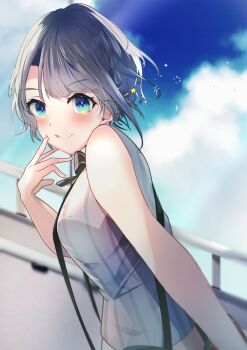 Rule 34 | 1girl, absurdres, artist name, back bow, bare arms, bare shoulders, black bow, black hair, blue sky, bow, breasts, cloud, cloudy sky, cropped shirt, day, emutakanoe, from side, grey shirt, hair ornament, hairclip, hand on own face, hand up, highres, hololive, large breasts, looking at viewer, oozora subaru, oozora subaru (suspenders), parted lips, pinstripe pattern, pinstripe shirt, railing, shirt, short hair, signature, sky, sleeveless, sleeveless shirt, smile, solo, sparkle, star (symbol), star hair ornament, suspenders, swept bangs, upper body, virtual youtuber