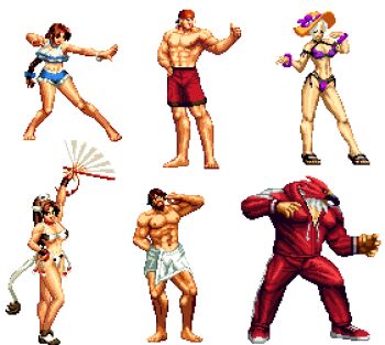 3girls angel_(kof) animal_ears animal_print barefoot bikini braid brown_eyes brown_hair cow cow_ears cow_girl cow_horns cow_print feet hair_ornament horns kusanagi_saishu kusanagi_saisyu long_hair multiple_girls pale_skin ryoga_rg saishu_kusanagi saisyu_kusanagi shiranui_mai shorts standing swimsuit terry_bogard the_king_of_fighters tizoc tizoc_(snk) yuri_sakazaki