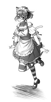 1girl absurdres animal_ears apron blush braid breasts cat_ears commentary_request dress eibon fake_animal_ears frilled_dress frills full_body glasses greyscale grin half_up_braid highres looking_at_viewer maid maid_headdress mary_janes monochrome off-shoulder_dress off_shoulder parted_lips robotics;notes science_adventure senomiya_akiho shoes simple_background small_breasts smile solo striped_clothes striped_thighhighs tail thighhighs white_background