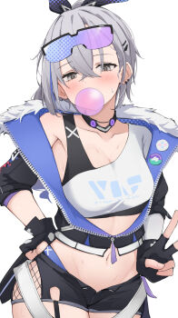 Rule 34 | 1girl, armpit crease, black gloves, black jacket, black shorts, blowing bubble gum, blowing bubbles, blush, bow, breasts, chewing gum, collarbone, commentary request, crop top, crossed bangs, eyewear on head, feet out of frame, fingerless gloves, fur-trimmed jacket, fur trim, gloves, goggles, goggles on head, grey eyes, grey hair, hair between eyes, hair bow, hair ornament, hairclip, hand on own hip, highres, honkai: star rail, honkai (series), jacket, looking at viewer, medium breasts, midriff, navel, shirt, short shorts, shorts, silver wolf (honkai: star rail), single-shoulder shirt, single strap, skindentation, solo, stomach, thigh strap, tinted eyewear, upper body, v, white background, yuukun mk-ii