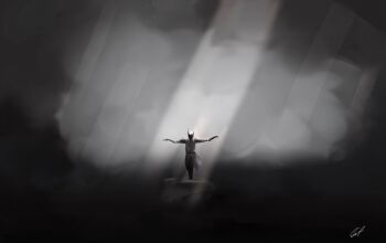 1boy absurdres black_robe black_tunic crack_of_light facing_viewer full_body highres long_hair male_focus mask official_alternate_costume outstretched_arms robe shadow_slave shoulder_pads smoke solo sunny_(shadow_slave) swift6000 t-pose tunic white_hair