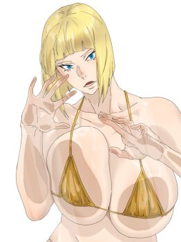 Rule 34 | 1girl, against fourth wall, bikini, blonde hair, blue eyes, breasts, hands up, highres, large breasts, mattsun (lyohei), naruto (series), open mouth, samui (naruto), short hair, solo, standing, swimsuit, upper body, white background, yellow bikini