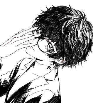 1boy adjusting_eyewear ako_(eanaaati1) amamiya_ren chinese_commentary closed_mouth commentary_request covered_collarbone from_side glasses greyscale hair_between_eyes highres jacket looking_at_viewer male_focus monochrome persona persona_5 shirt short_hair simple_background smile solo upper_body