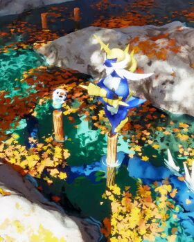 Rule 34 | autumn leaves, balancing, blue fur, body fur, claws, closed eyes, crossed arms, evolutionary line, fake horns, gen 1 pokemon, gen 5 pokemon, gyarados, helmet, highres, horned helmet, horns, leaf, leaf on liquid, looking at another, looking up, nintendo, on top of pole, open mouth, oshawott, outdoors, pokemon, pokemon (creature), pokemon focus, rivalclay, samurott, sea serpent, standing, standing on one leg, teacher and student, training, water