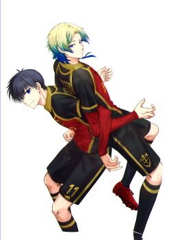 2boys absurdres back-to-back black_hair black_shorts black_socks blonde_hair blue_eyes blue_hair blue_lock closed_mouth eyeliner highres isagi_yoichi kneehighs locked_arms long_hair looking_at_viewer makeup male_focus michael_kaiser multicolored_hair multicolored_shirt multiple_boys red_eyeliner red_footwear red_shirt shirt shorts simple_background soccer_uniform socks sportswear standing white_background yoshimu1678