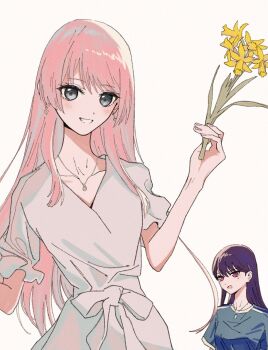 2girls bang_dream! bang_dream!_it's_mygo!!!!! black_hair bloom_into_me15 blue_shirt chihaya_anon collarbone commentary_request dress earrings flower grey_dress grey_eyes heart heart_earrings holding holding_flower jewelry long_hair mole mole_under_eye multiple_girls necklace open_mouth pink_hair purple_eyes shiina_taki shirt simple_background white_background