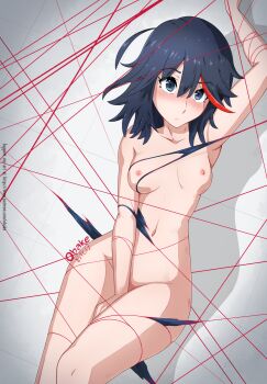 10s 1girl arm_up bdsm black_hair blue_hair blush bondage bound breasts female_focus highres kill_la_kill matoi_ryuuko multicolored_hair navel nipples nude obakeart red_hair short_hair small_breasts solo streaked_hair string string_of_fate wide_hips