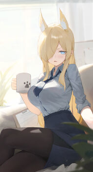 1girl absurdres animal_ear_fluff animal_ears black_pantyhose blonde_hair blue_archive blue_eyes blue_necktie blue_shirt blue_skirt breasts clipboard commentary_request crossed_legs cup dog_girl eiyuo extra_ears feet_out_of_frame hair_over_one_eye hair_over_shoulder hand_up highres holding holding_cup kanna_(blue_archive) large_breasts light_blush long_hair looking_at_viewer necktie pantyhose parted_lips shirt short_sleeves sidelocks sitting skirt solo