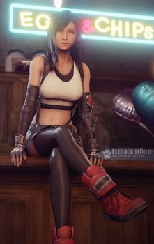 1girl 3d absurdres artist_name balloon bar_(place) bartender black_hair breasts cabinet counter crossed_legs earrings elenachatnoir final_fantasy final_fantasy_vii final_fantasy_vii_remake fingerless_gloves full_body gloves highres jewelry large_breasts long_hair midriff navel neon_sign paw_print picture_frame red_eyes seventh_heaven shirt sitting skirt smile solo square_enix straight_hair suspender_skirt suspenders tavern thighhighs tifa_lockhart white_shirt zettai_ryouiki