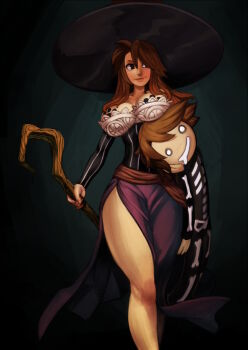 1boy 1girl bare_shoulders breasts brown_hair chibi cosplay detached_sleeves dragon&#039;s_crown dress ego_trigger hat hat_over_one_eye koi_drake large_breasts lass_(ego_trigger) long_hair long_skirt matt_(ego_trigger) original sash side_slit skeleton_costume skirt sorceress_(dragon&#039;s_crown) sorceress_(dragon&#039;s_crown)_(cosplay) staff strapless strapless_dress witch_hat