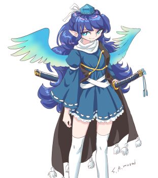 Rule 34 | 1girl, blue dress, blue eyes, blue hair, blue hat, coat, commentary request, cropped legs, dress, frilled dress, frills, hat, iizunamaru megumu, katana, long hair, looking to the side, pointy ears, ribbon, ribbon trim, s-a-murai, shoulder guard, signature, sleeveless, sleeveless coat, smile, solo, standing, sword, thighhighs, tokin hat, touhou, weapon, white background, white ribbon, white thighhighs, wings