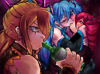 akita_neru alcohol bottle hatsune_miku highres holding holding_bottle kasane_teto non-web_source party utau vocaloid vodka yolkysun yuri
