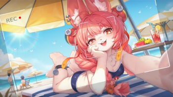 1boy 2girls absurdres alternate_costume animal_ear_fluff animal_ear_piercing animal_ears anklet apple ass bare_shoulders barefoot beach beach_umbrella belle_(summer_skies)_(zenless_zone_zero) belle_(zenless_zone_zero) bikini bird blue_bikini blue_sky breasts bucket_hat cleavage cloud commentary_request drinking_straw elbow_rest facial_recognition fish_hat food fruit grapes half-closed_eye hat highres jewelry lying multiple_girls official_alternate_costume on_stomach open_mouth outdoors plate recording sand sky small_breasts sun sweat swimsuit umbrella viewfinder watermelon watermelon_slice white_bird wise_(peaceful_waves)_(zenless_zone_zero) wise_(zenless_zone_zero) xmfranz zenless_zone_zero zhao_(zenless_zone_zero)