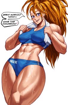 1girl abs absurdres breasts captain_mizuki earrings english_text highres holding holding_towel jewelry long_hair looking_at_viewer muscular muscular_female one-punch_man open_mouth purple_eyes simple_background solo sotcho speech_bubble sports_bra sportswear stomach sweat towel towel_around_neck