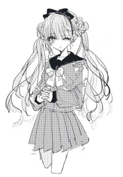 1girl ;( bow bowtie closed_mouth cropped_legs double_bun eyelashes frown greyscale hair_bow hair_bun hairband long_hair long_sleeves miniskirt monochrome nyab_oo one_eye_closed own_hands_clasped own_hands_together pleated_skirt sailor_collar sailor_shirt school_uniform serafuku shirt simple_background skirt solo the_hundred_line_-last_defense_academy- tsukumo_kako twintails very_long_hair white_background