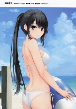 1girl absurdres ass beach bikini black_hair blue_eyes blue_sky breasts cloud coffee-kizoku cumulonimbus_cloud from_behind highres horizon long_hair looking_at_viewer looking_back medium_breasts ocean original ponytail scan side-tie_bikini_bottom sky smile solo swimsuit white_bikini