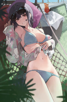 1girl absurdres bare_shoulders bikini black_hair black_nails blue_bikini breasts brown_eyes commentary cup dated_commentary drinking_glass facial_tattoo fingernails halterneck hammock hand_up highres light_blush long_fingernails long_hair looking_at_viewer lying mac_star medium_breasts nail_polish navel off_shoulder on_back original outdoors parted_lips shirt side-tie_bikini_bottom sidelocks smile star_(symbol) star_tattoo stomach string_bikini sunglasses swimsuit tattoo tied_shirt white_shirt