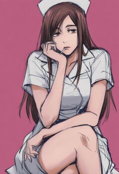 1girl bare_legs bored breasts brown_eyes brown_hair cigarette cowboy_shot crossed_legs dress elbow_rest eyelashes hat head_rest highres ieiri_shoko jei_games jujutsu_kaisen long_hair mole mole_under_eye nurse nurse_cap pink_background pink_lips sitting smoking white_dress
