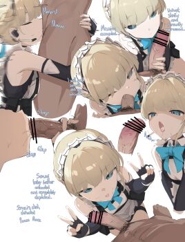 1boy 1girl bar_censor blonde_hair blue_archive blue_eyes censored commentary cum fellatio fingerless_gloves gloves hetero maid_headdress male_pubic_hair oral paid_reward_available penis pubic_hair recklessdraw toki_(blue_archive) v