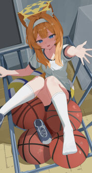 1girl absurdres animal_ears ball basketball_(object) blue_archive blue_eyes chinese_commentary commentary_request dddm fox_ears fox_girl hairband highres kneehighs long_hair looking_at_viewer mari_(blue_archive) mari_(track)_(blue_archive) open_mouth orange_hair shirt socks solo thighs white_hairband white_shirt white_socks