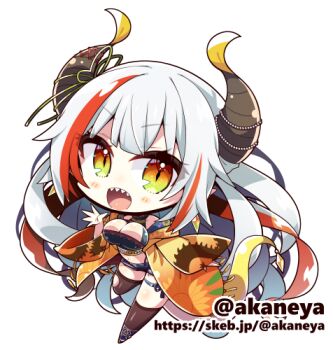 Rule 34 | 1girl, :d, akaneya, black boots, blunt bangs, blush stickers, boots, breasts, brown horns, brown thighhighs, character request, chibi, chibi only, cleavage, commentary request, commission, copyright request, full body, green eyes, horns, japanese clothes, kimono, large breasts, long hair, long sleeves, looking at viewer, lowres, multicolored hair, navel, off shoulder, open clothes, open kimono, open mouth, orange kimono, red streaks, sharp teeth, sidelocks, simple background, skeb commission, smile, solo, standing, standing on one leg, streaked hair, teeth, thighhighs, transparent background, twitter username, upper teeth only, very long hair, watermark, web address, white hair, wide sleeves