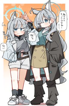 2girls absurdres animal_ear_fluff animal_ears arm_up belt belt_buckle black_gloves black_jacket black_shirt black_socks blue_archive blue_halo blush broken_halo brown_belt brown_skirt buckle colored_shadow dash_b fingerless_gloves gloves grey_hair grey_halo grey_jacket grey_shirt halo highres jacket long_hair multiple_girls parted_lips ribbed_socks shadow shiroko_(blue_archive) shiroko_terror_(blue_archive) shirt shoes shorts skirt socks standing translation_request very_long_hair white_shirt white_shoes white_shorts wolf_ears