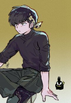 bandana black_boots black_hair boots green_pants hand_on_floor headband hibiki_ryouga highres male_focus pants pig poppoco_nn ranma_1/2 sitting sleeves_rolled_up solo turtleneck yellow_background yellow_bandana yellow_eyes yellow_headband