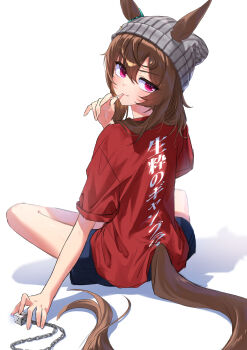 1girl absurdres animal_ears beanie blue_shorts brown_hair closed_mouth clothes_writing dice dice_necklace ears_through_headwear grey_hat gul_(parfaitgul) hat highres horse_ears horse_girl horse_tail jewelry lollipop_in_mouth long_hair looking_at_viewer looking_back nakayama_festa_(umamusume) necklace red_eyes red_shirt shadow shirt shorts simple_background sitting sleeves_rolled_up smile solo tail umamusume v-shaped_eyebrows white_background