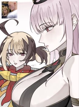 2girls absurdres ahoge black_dress blonde_hair breasts brown_hair cleavage dress ewn from_side gigi_murin gigi_murin_(1st_costume) girl_staring_at_guy&#039;s_chest_(meme) highres hololive hololive_english hood hoodie jewelry large_breasts long_hair looking_at_another looking_at_viewer meme mori_calliope mori_calliope_(1st_costume) multicolored_hair multiple_girls open_mouth orange_hood orange_hoodie orange_shrug photo-referenced photo_inset pink_eyes pink_hair red_eyes shirt short_hair shrug_(clothing) simple_background twintails two-tone_hair upper_body virtual_youtuber white_background