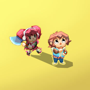 Rule 34 | 1boy, 1girl, :>, animal crossing, aqua vest, axe, blue pants, boots, brown hair, chibi, chibi only, closed mouth, commentary, duckmeat woohoo, earmuffs, english commentary, flannel, fur-trimmed boots, fur trim, green boots, green jacket, highres, holding, holding axe, holding weapon, hood, hood down, hoodie, jacket, junpei (kyokugen dasshutsu), kyokugen dasshutsu, kyokugen dasshutsu: 9 jikan 9 nin 9 no tobira, long sleeves, neck ribbon, nintendo, outline, pants, pink hair, plaid clothes, plaid shirt, pom pom (clothes), red ribbon, red shirt, ribbon, shadow, shirt, shoes, simple background, smile, spoilers, twintails, vest, weapon, white hoodie, white shoes, yellow background, yellow outline, yotsuba (kyokugen dasshutsu)