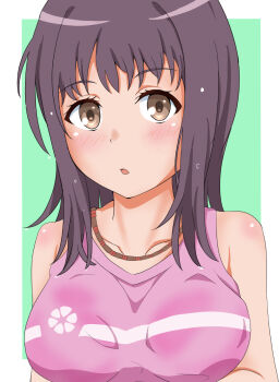 1girl bare_shoulders black_hair breasts brown_eyes commentary itsuwa jewelry large_breasts looking_at_viewer medium_hair necklace open_mouth purple_tank_top simple_background solo tabu_(tabu_01) tank_top toaru_majutsu_no_index upper_body wet wet_clothes